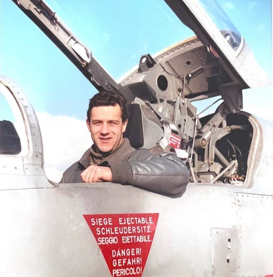 Captain Marcel Suess in the cockpit of a Swiss Air Force military aircraft during training flight
